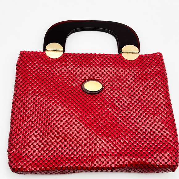Vintage Bright Red Chainmail Big Lucite Handle Handbag - Picture 1 of 14